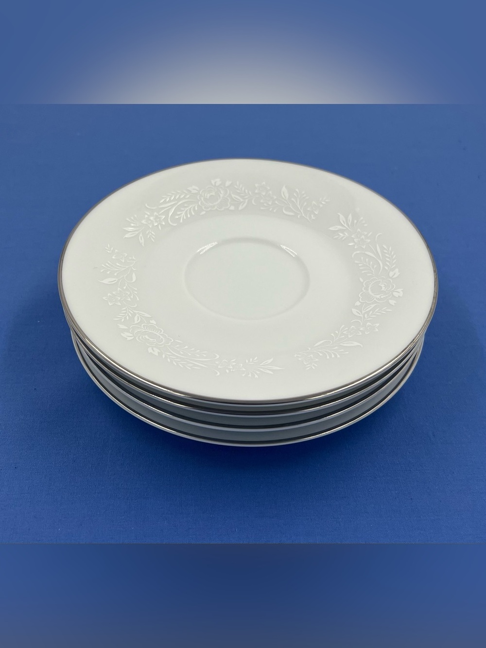 Noritake Reina 6” Tea Saucer Plates 6450Q White Floral Platinum Trim Set Of 4